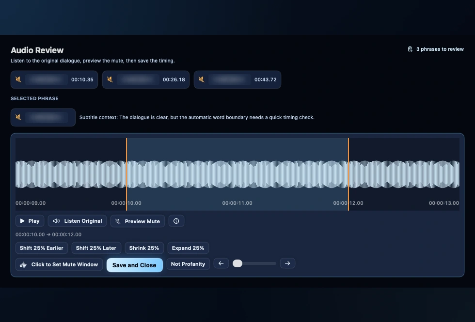 CleanPlay Audio Review showing mute windows with profanity obscured