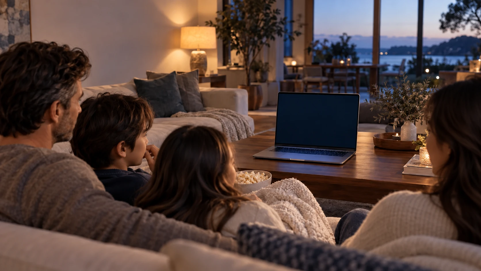 A family gathered around a MacBook for a quiet movie night at home.