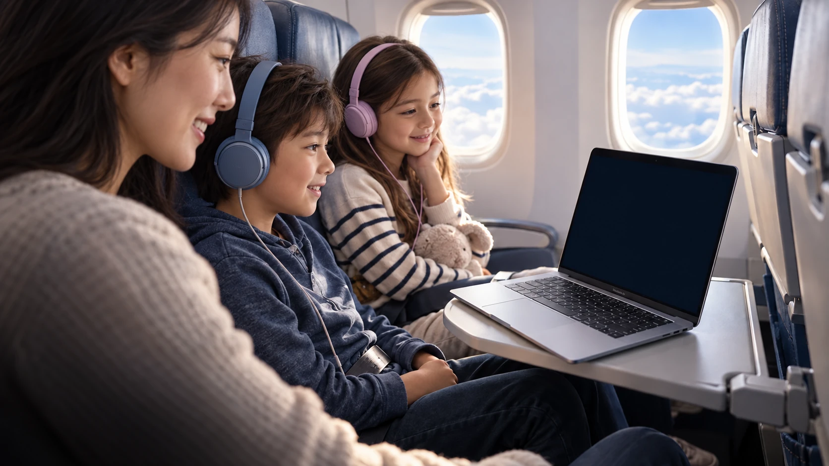 A parent and two children watching a MacBook on an airplane tray table.