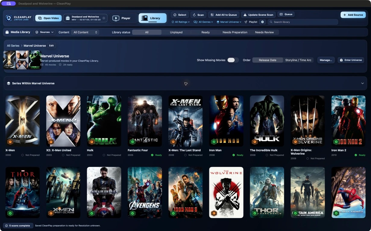 CleanPlay Library showing Marvel movies, with posters and preparation status