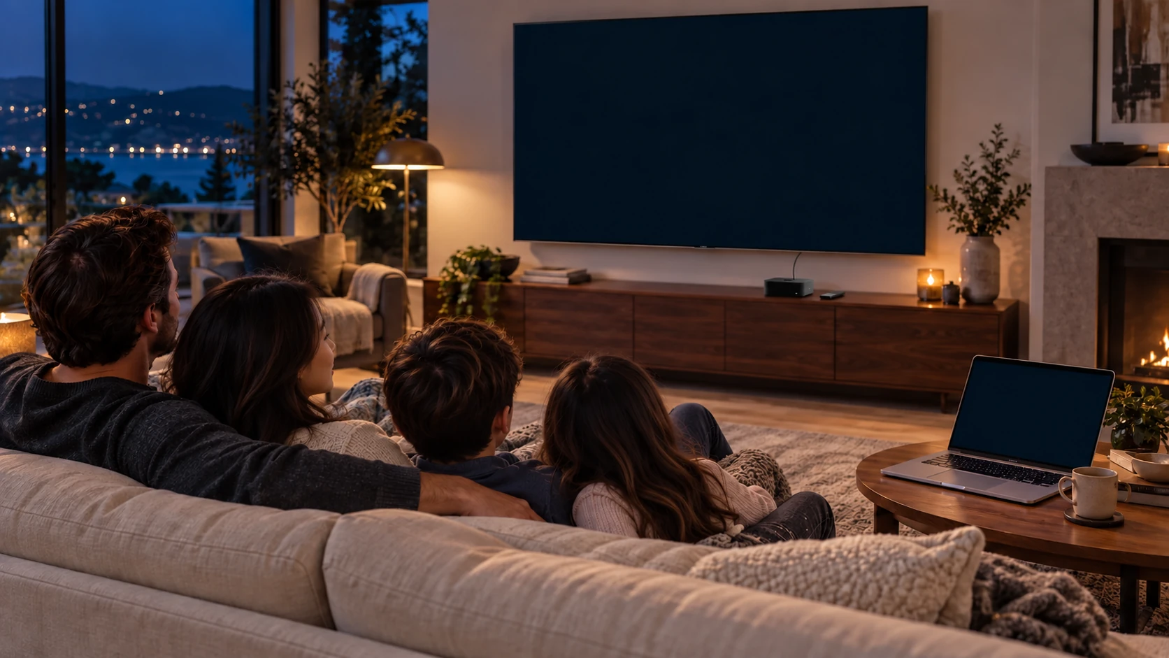 A family watching a large television connected to an Apple TV, with a MacBook on a side coffee table.