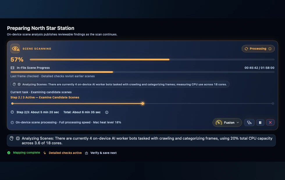 CleanPlay's native scene scanning progress detail, showing preparation stages and AI workers.
