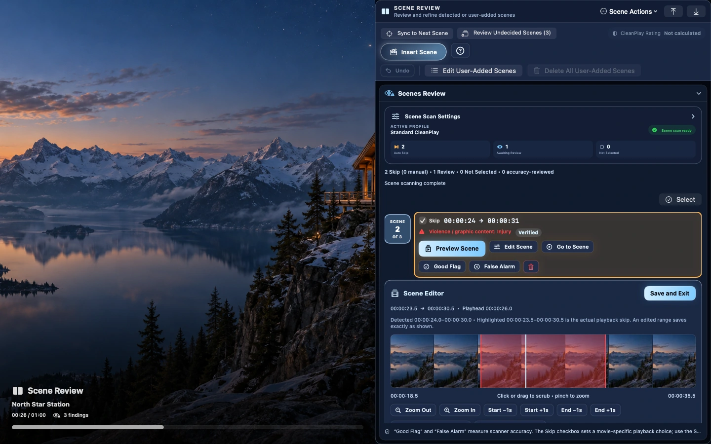 CleanPlay Scene Review with demonstration findings and timeline controls