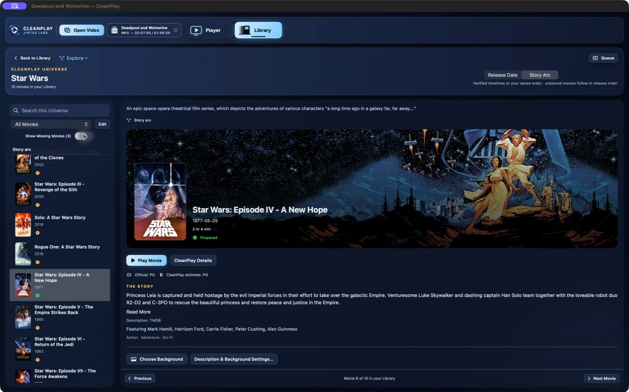 CleanPlay’s Star Wars collection, with A New Hope selected and story-order browsing