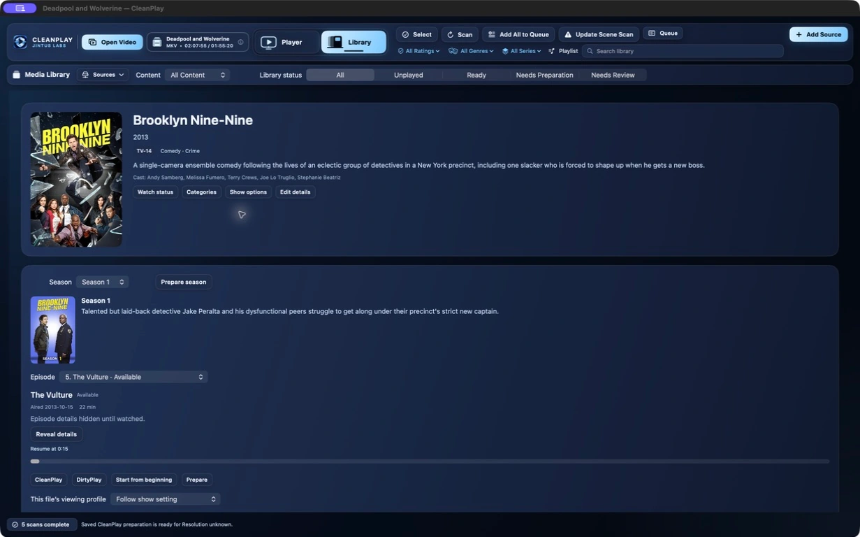 CleanPlay TV view showing Brooklyn Nine-Nine, its season selector, and episode playback options